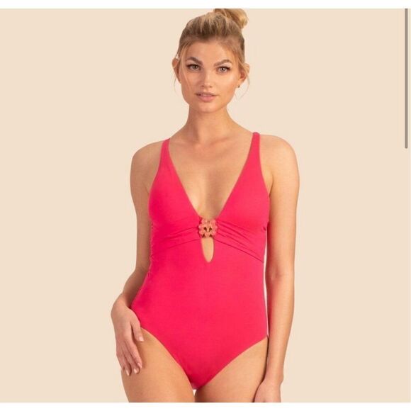 Trina Turk Swim MONACO SOLIDS PLUNGE ONE PIECE Geranium Pink NWT Size 2 - Picture 1 of 10